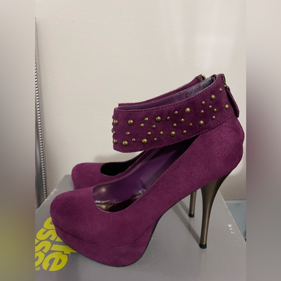 Studded Ankle strap, Zip Up Purple And Metallic Heels, Womens Size 9 - Picture 6 of 9